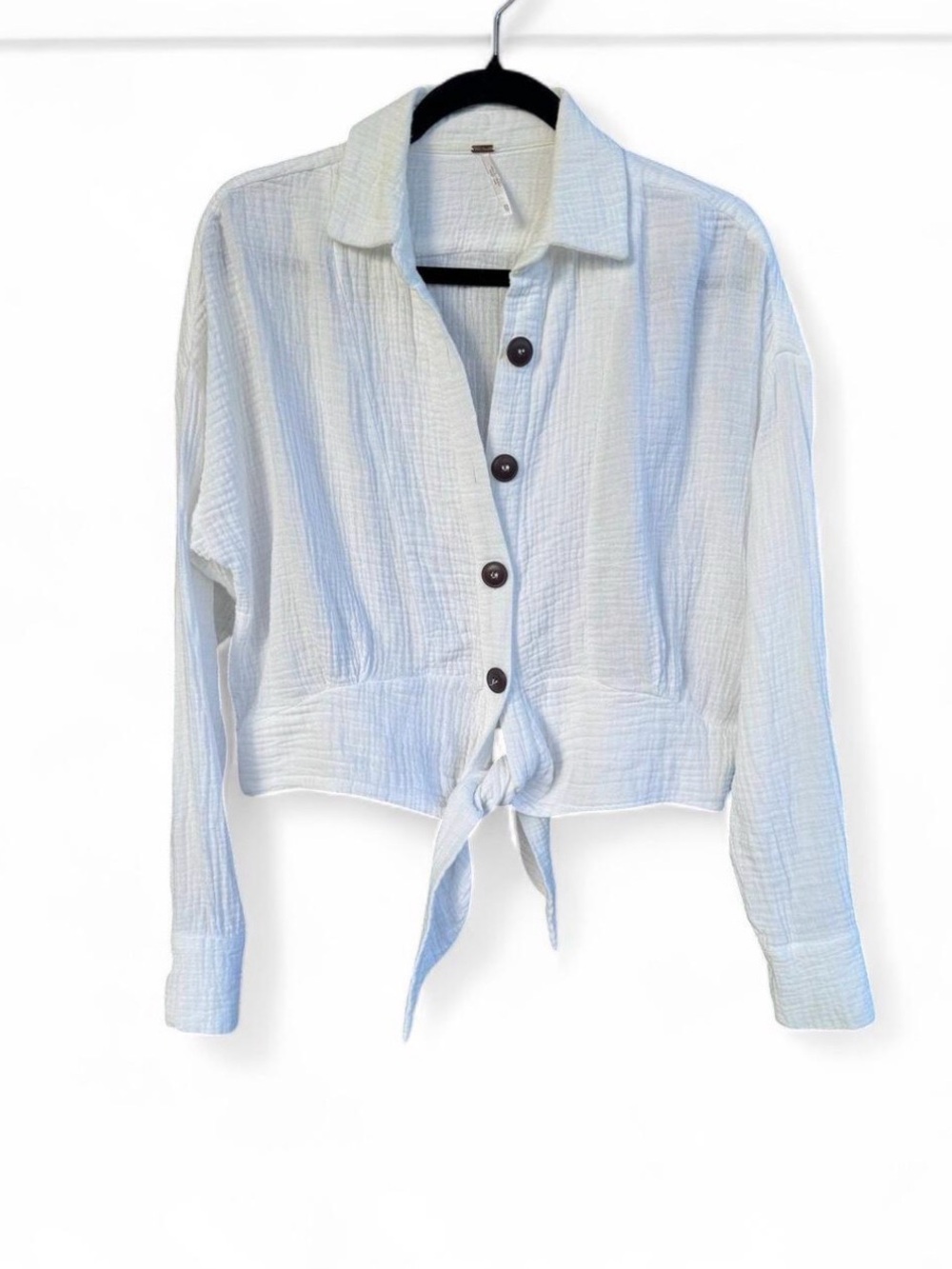 Free People White Cotton Gauze Tie Front Button Down Shirt